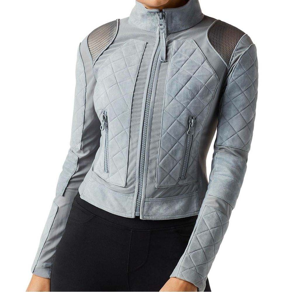 BLANC NOIR Airy Blue Leather Moto Jacket Fitted Silhouette and High Collar🌸